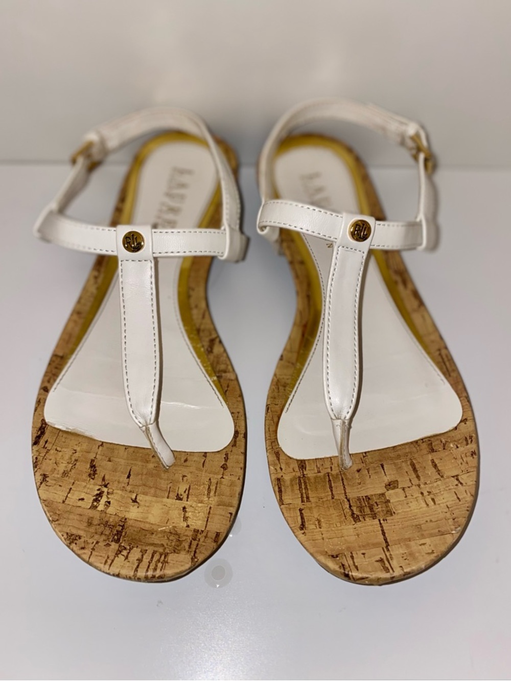Lauren Ralph Lauren White Leather T-Strap Cork-Trim Sandals